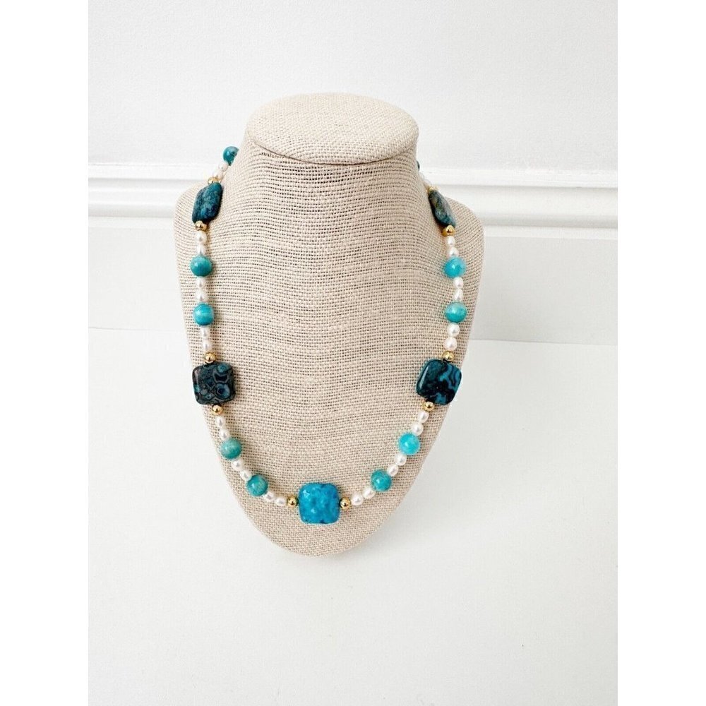 NWT Genuine Crazy Lace Agate, Pearl & Metallic Beads Necklace Beaded  Blue White